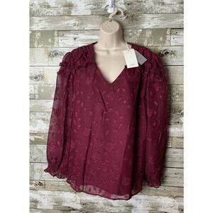 Grace Karin Womens Burgundy Floral Sheer V Neck Long Sleeve Blouse 2XL